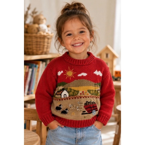 Gougane Other - Gougane Handmade Knitwear Red Farm Scene Intarsia Cotton Sweater Kids 2